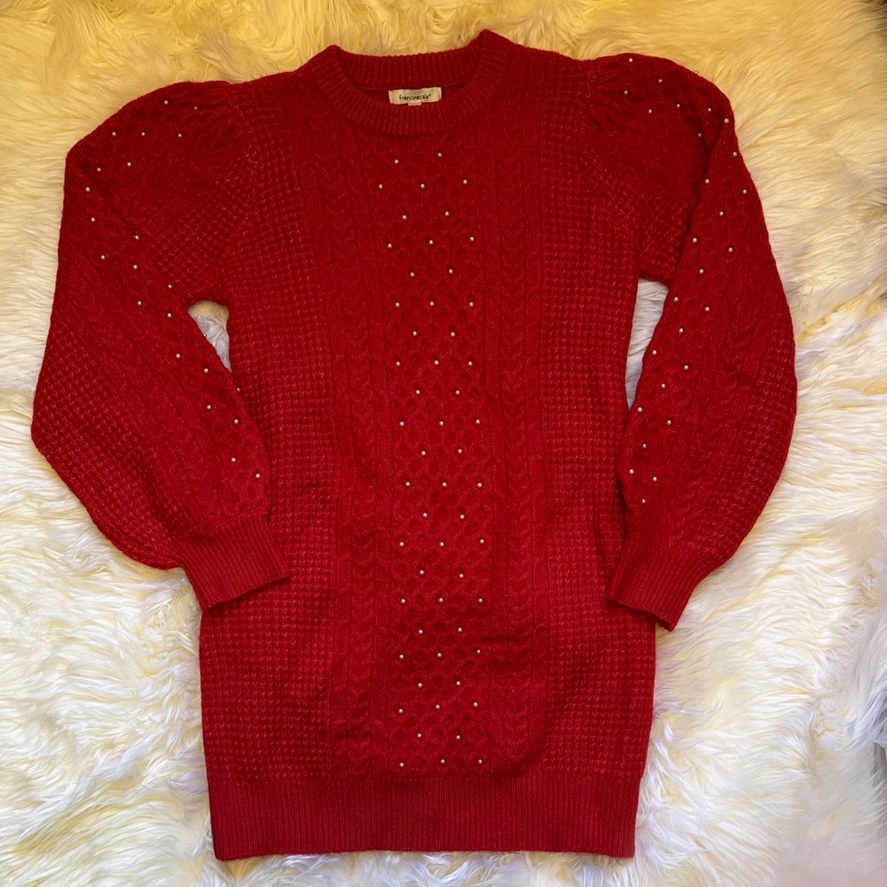 Francesca's Collections Vibrant Red with Pearl Accents Sweater Dress SKU0002